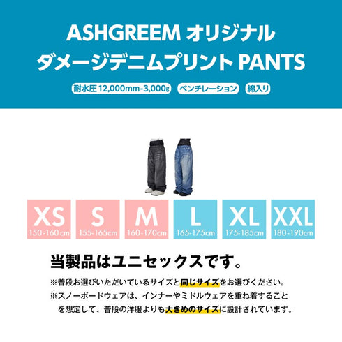 【10月上旬発送予定】 ASHGREEM アッシュグリーム スノーボードウェア デニムプリントビッグパンツ AGP-1325